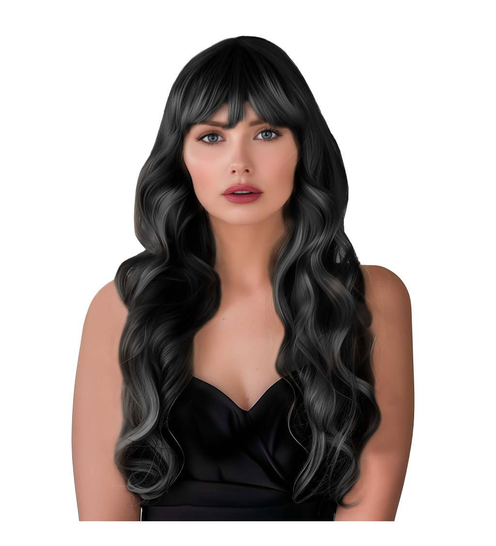 Paruka dámská dlouhá vlnitá s ofinou, černá