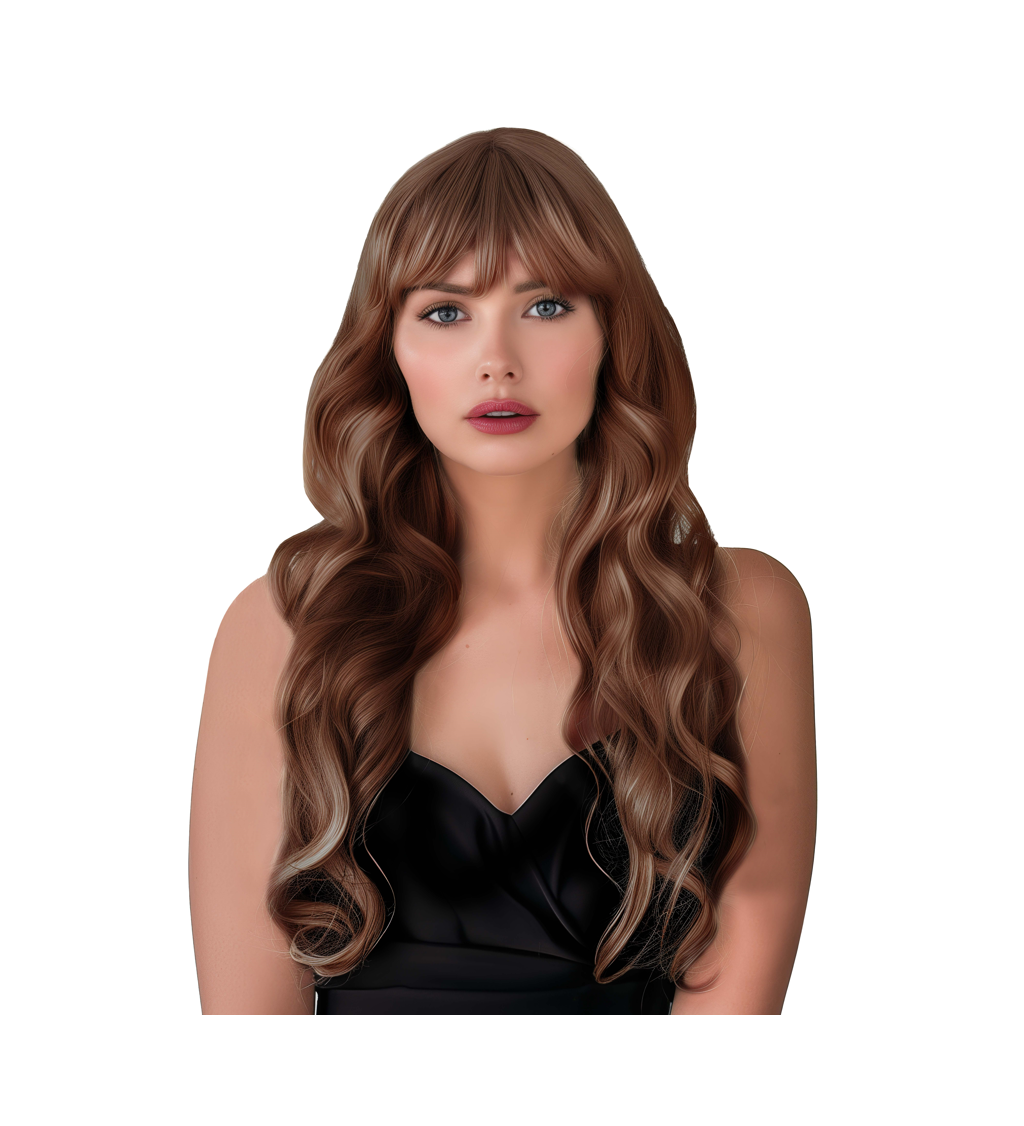 Paruka dámská dlouhá vlnitá s ofinou, hnědá