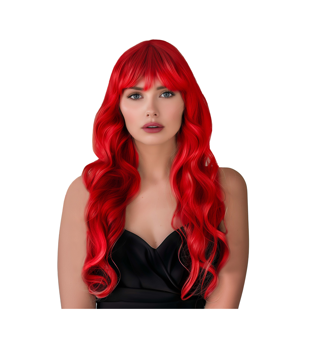 Paruka dámská dlouhá vlnitá s ofinou, červená