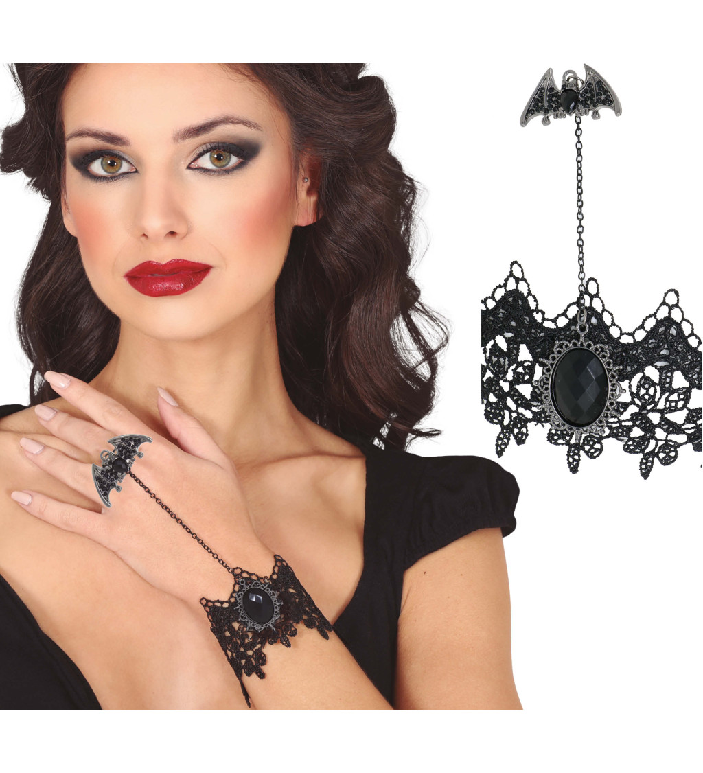 Vyšívaný náramek a prsten s netopýrem