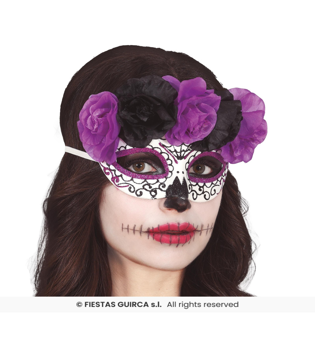 Maska Catrina fialové a černé květy