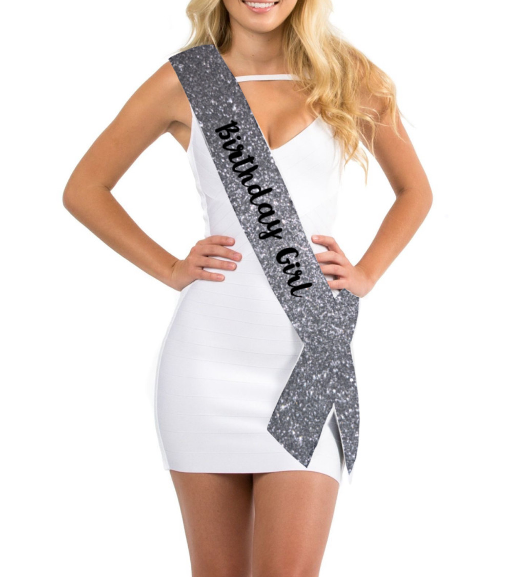 Narozeninová šerpa stříbrný glitr - Birthday girl