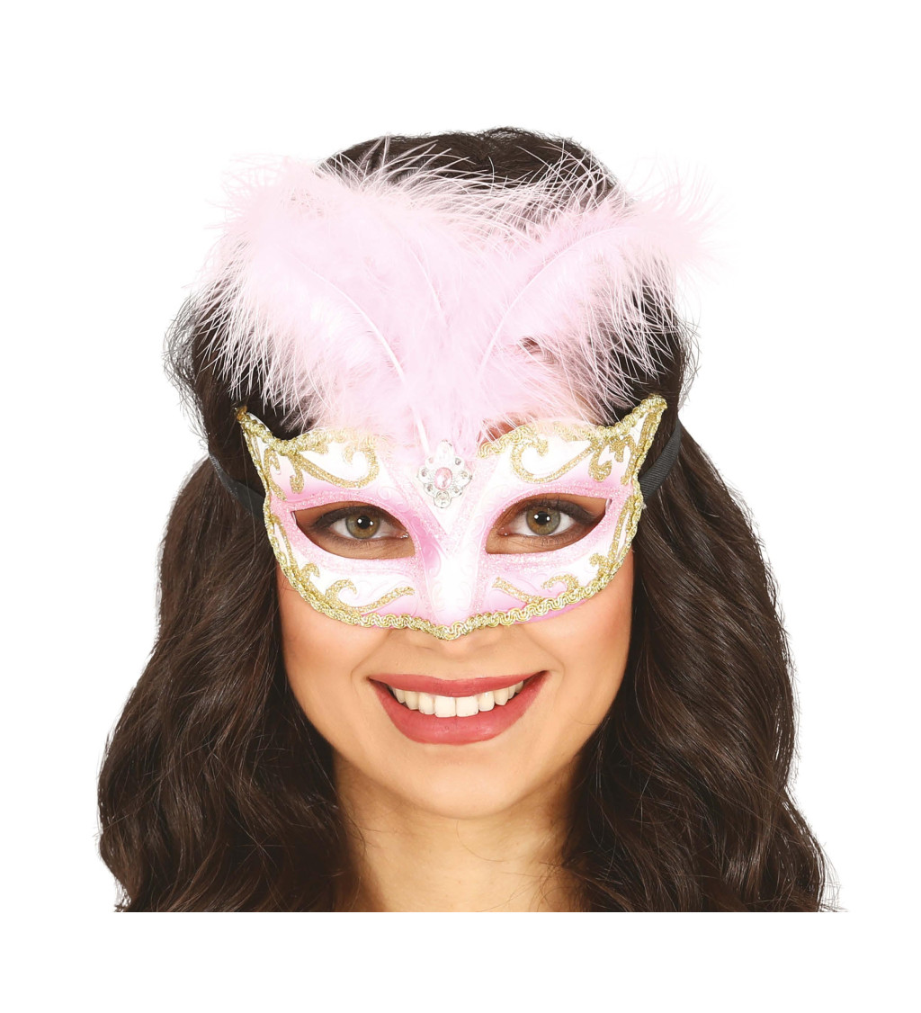 Škraboška s peřím – růžová