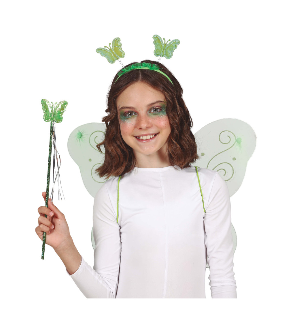 Sada - zelená víly křídla s čelenkou, hůlkou