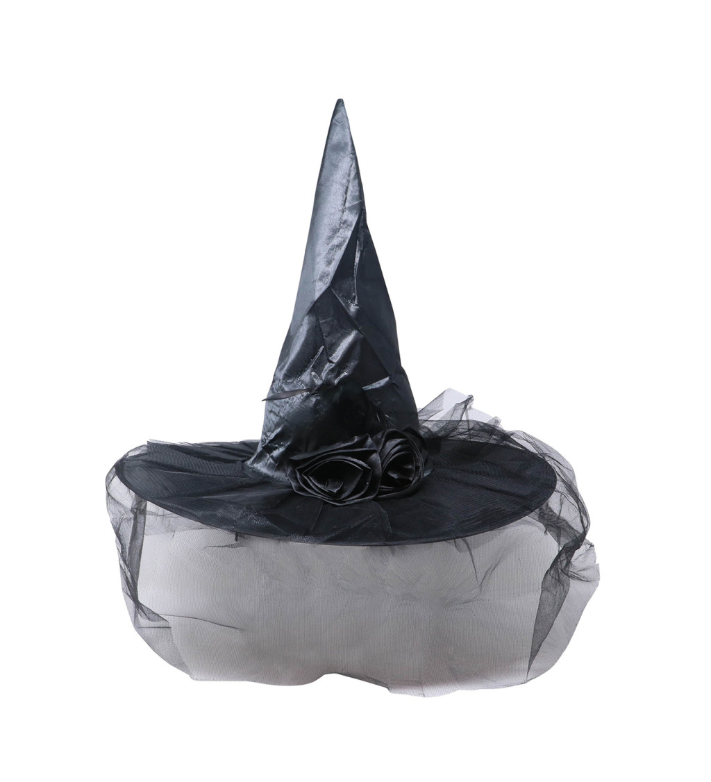 Černý čarodějnický klobouk s květinou