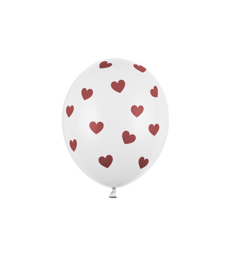 Balónek - Bílý, s červenými srdíčky - 6ks
