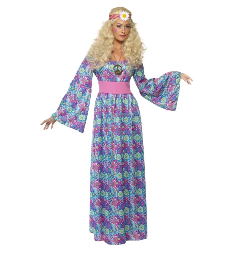 Dámský kostým - Hippie, modré dlouhé šaty