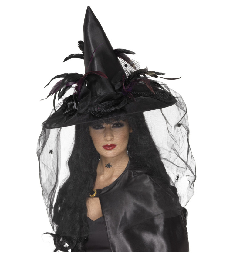 Černý čarodějnický klobouk s peří