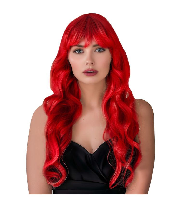 Paruka dámská dlouhá vlnitá s ofinou, červená
