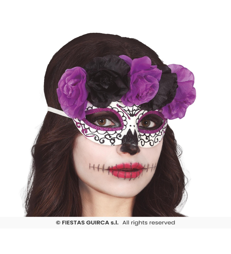 Maska Catrina fialové a černé květy