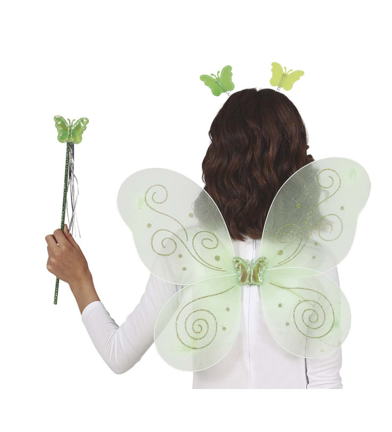 Sada - zelená víly křídla s čelenkou, hůlkou