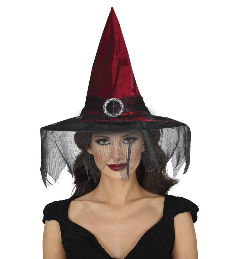 Vínový čarodějnický klobouk se závojem