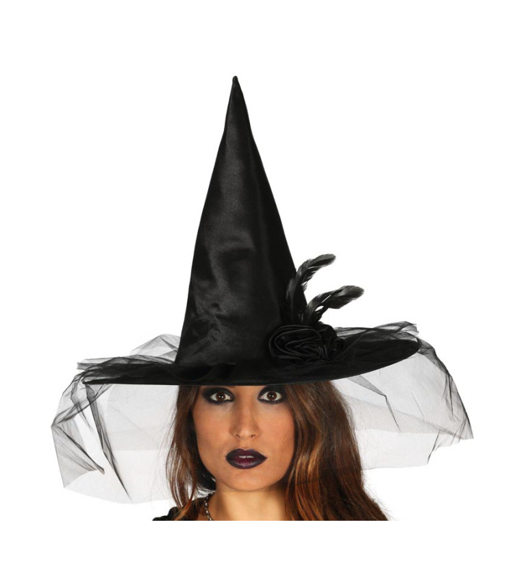 Černý čarodějnický klobouk s květinou